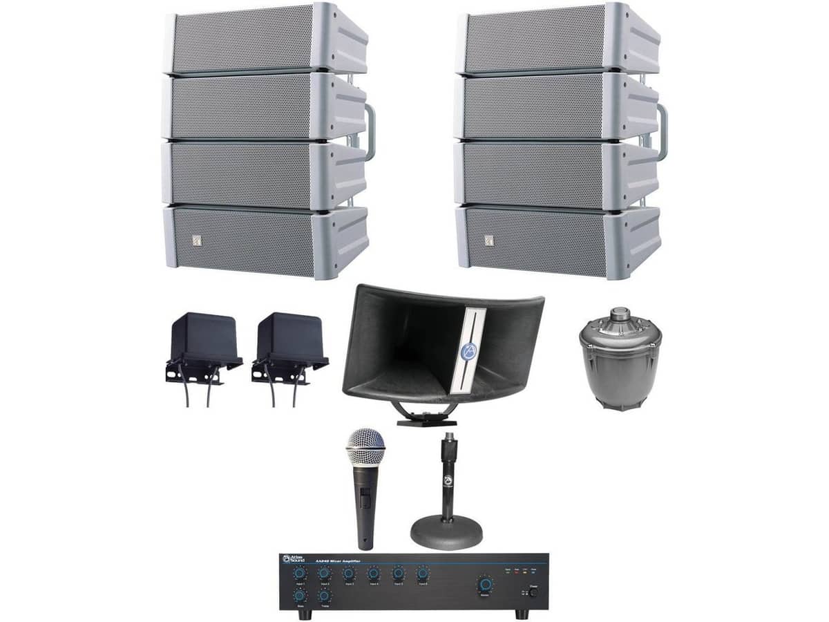 Public Address Sound System with 2 TOA Indoor Outdoor Variable Dispersion Speakers and Atlas Sound Bi-Ax Horn