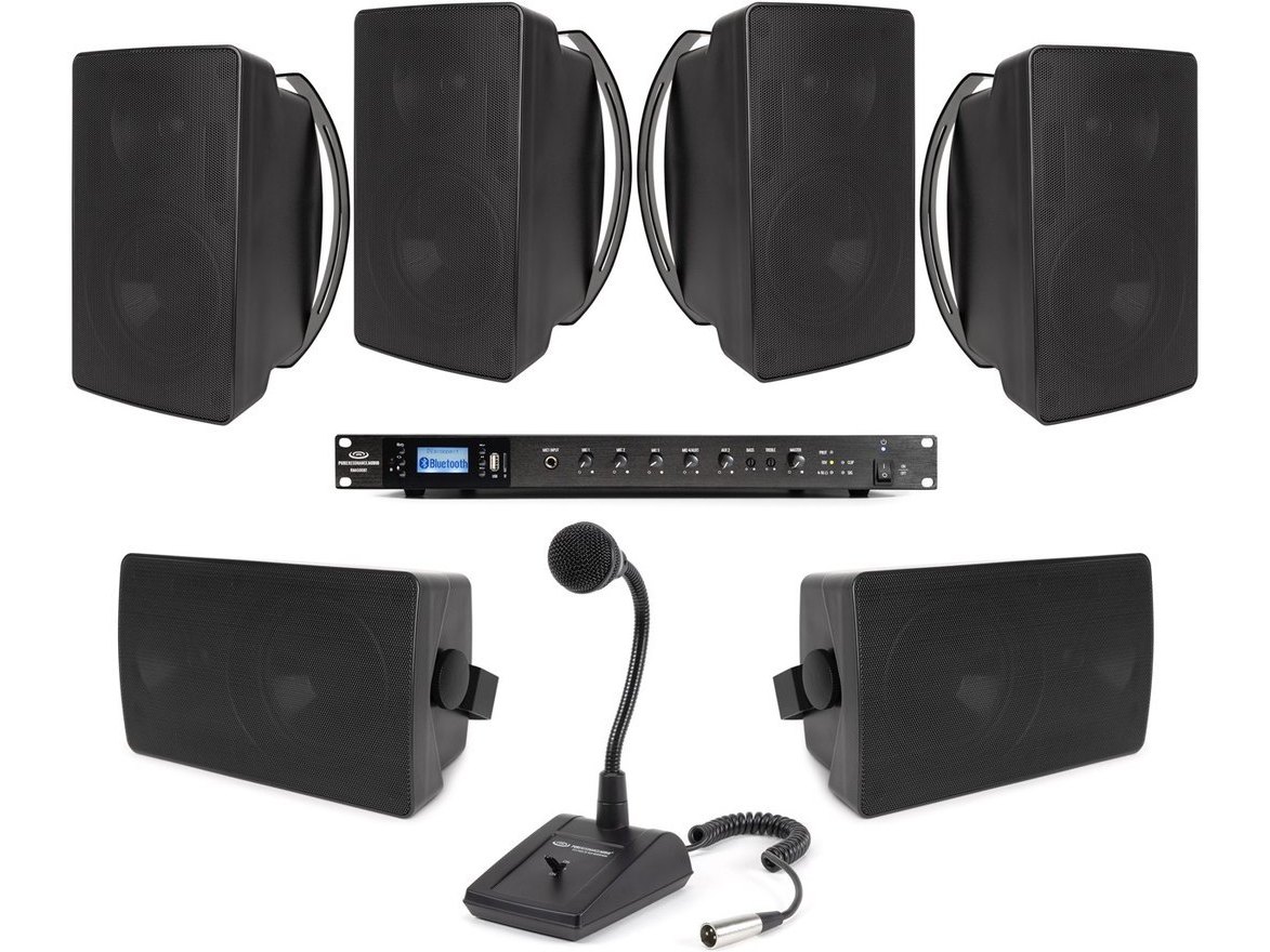 Public Address Sound System with 6 S6 6.5" 70V Outdoor Surface Mount Speakers, RMA500BT Rack Mount Bluetooth Mixer Amplifier and PTT1 Paging Microphone