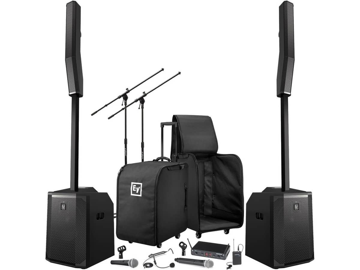 Auditorium Sound System with 2 Electro-Voice EVOLVE 50 Bluetooth Portable PA Systems, Samson All-In-One Dual Channel Wireless Microphone System and Wired Microphone