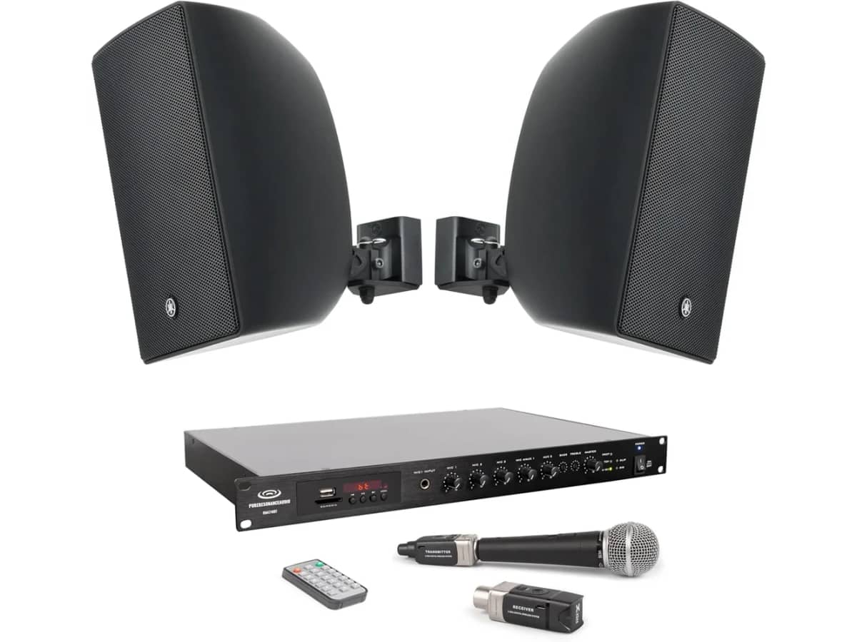 Auditorium Sound System with 2 Yamaha 8" Surface Mount Speakers, Bluetooth Mixer Amplifier and 2.4GHz Wireless Handheld Microphone