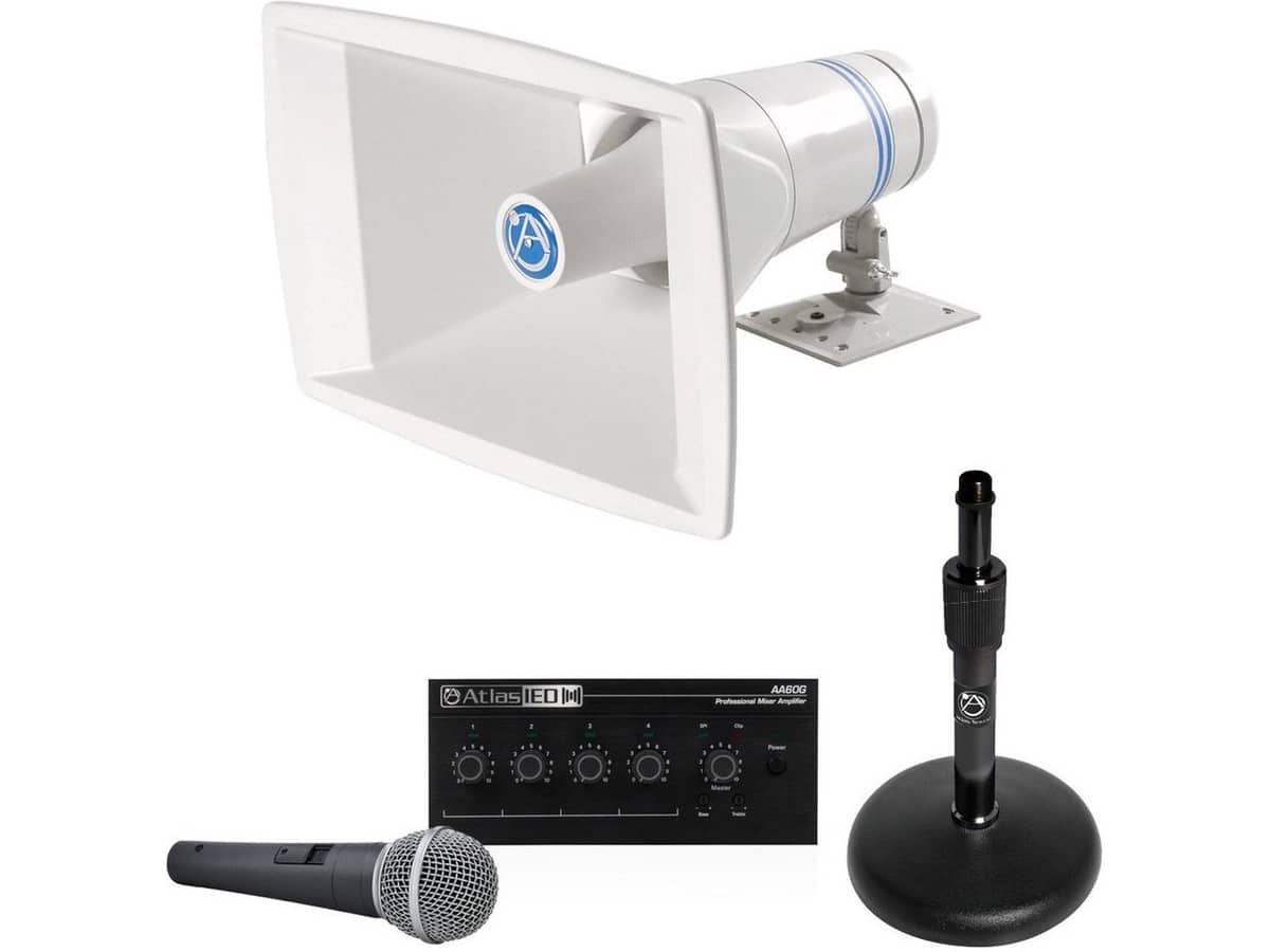 Public Address Sound System with Indoor Outdoor AtlasIED Paging Loudspeaker and AtlasIED Mixer Amplifier