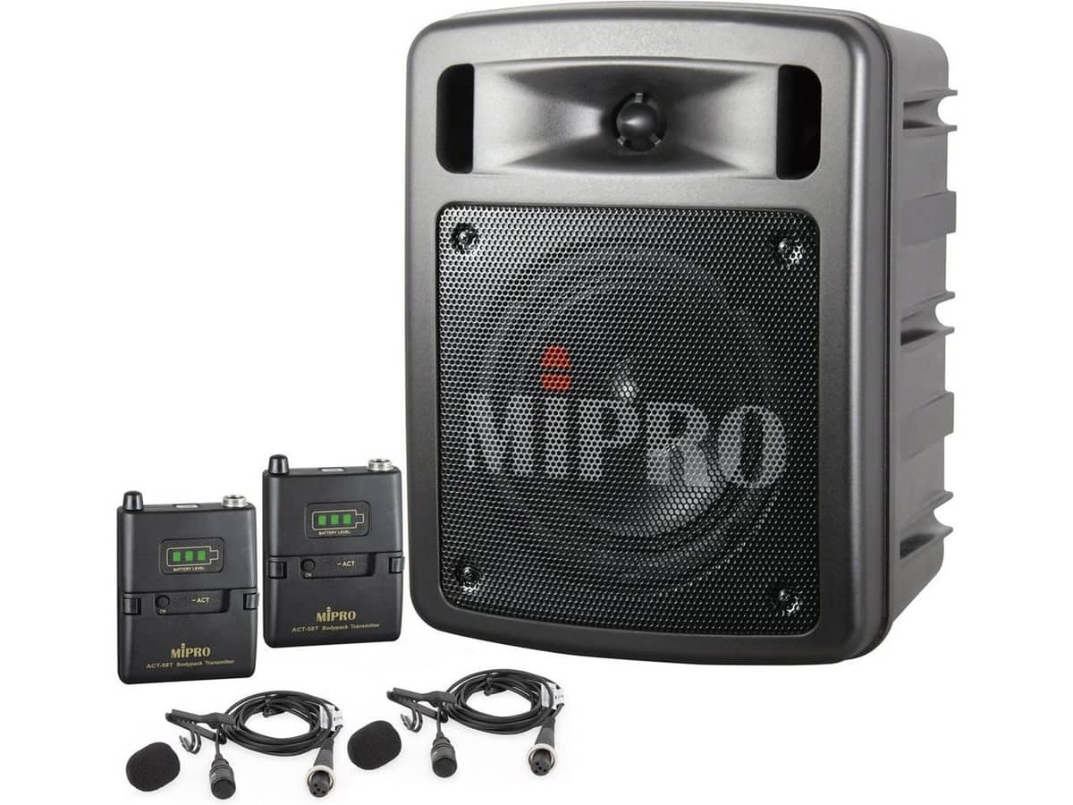 MIPRO MA-300/ACT-58T2 Portable 60W Dual Channel Bluetooth Wireless PA System with Two Bodypacks and Wireless Lavalier Microphones