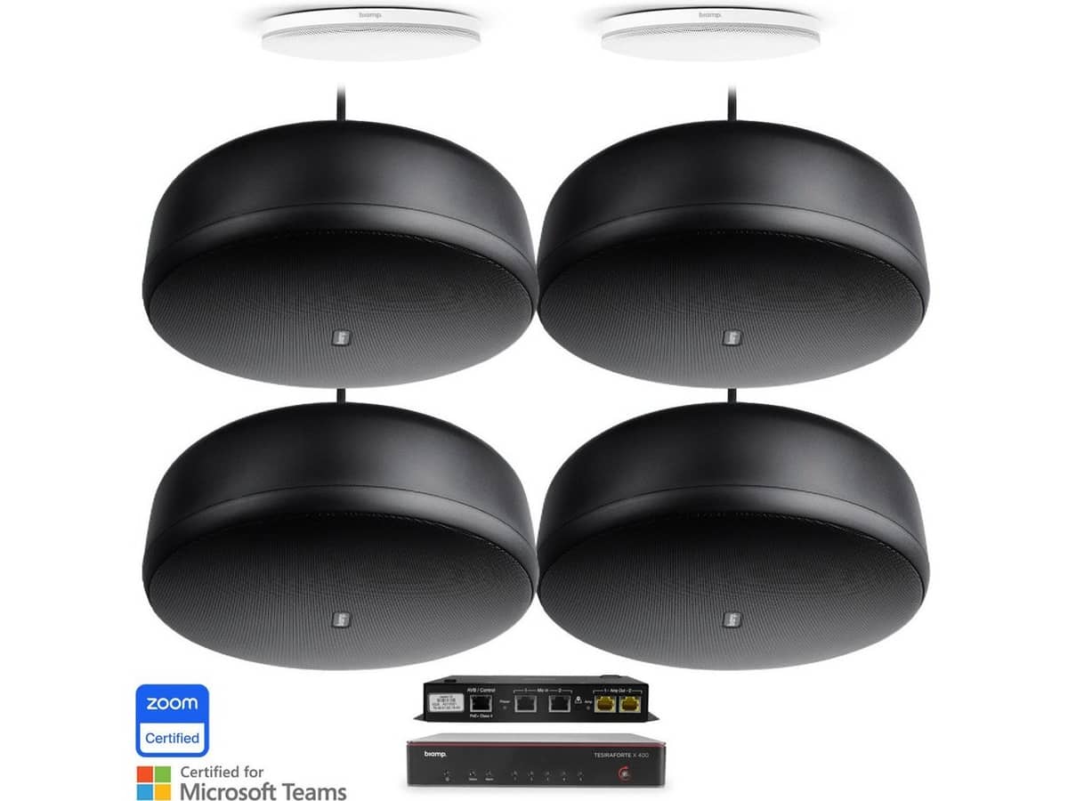 Biamp MRB-L-X400-C-P6SM Large Meeting Room Bundle with TesiraFORTÉ X 400 DSP, Black Pendant Speakers, and White Ceiling Microphones