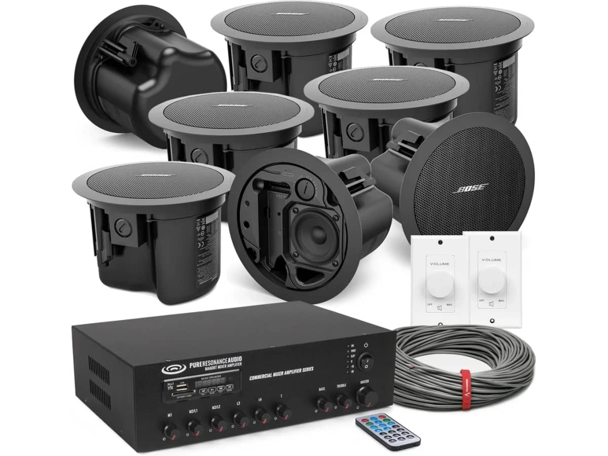 Background Music and Paging Sound System with 8 Bose Professional FS Series Ceiling Speakers and Bluetooth Mixer Amplifier (Up to 4,000 SF)