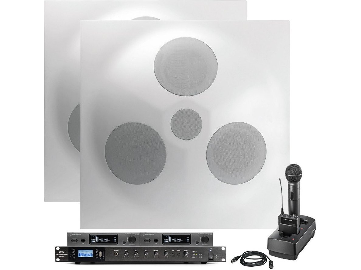 Conference Room Sound System with 2 SD5 SuperDispersion Ceiling Speaker Arrays, Bluetooth Mixer Amplifier and 2 Wireless Microphone Systems