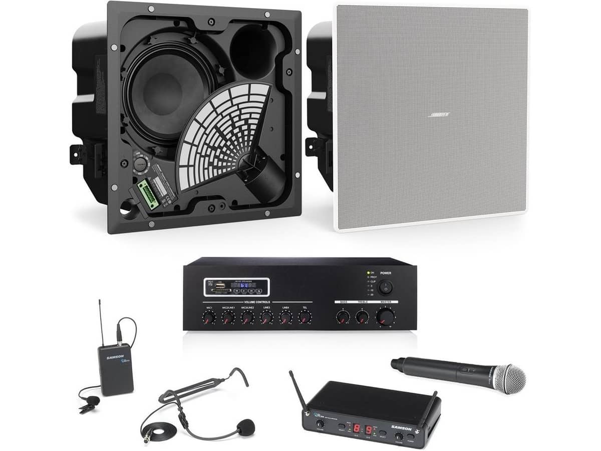 Classroom Sound System with 2 Bose Professional EdgeMax EM90 Premium In-Ceiling Loudspeakers Pure Resonance Audio MA30BT Bluetooth Mixer Amplifier and Wireless Microphone