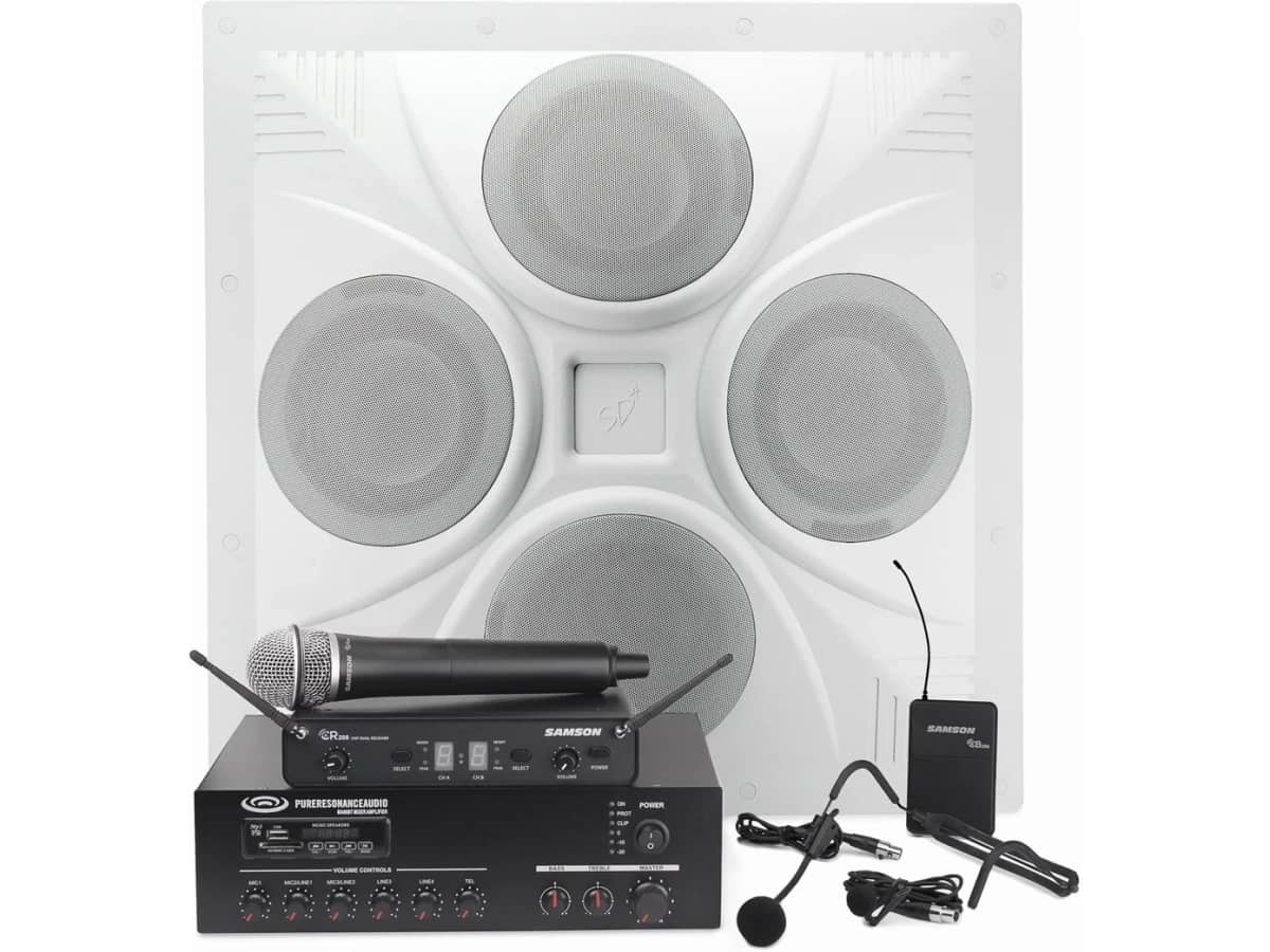 Classroom Sound System with SD4 Ceiling Speaker Array, MA60BT Bluetooth Mixer Amplifier and Dual Wireless Microphone System