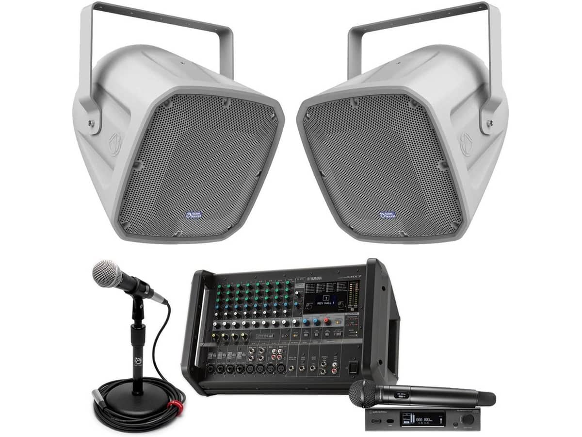 Football Field Sound System with 2 AtlasIED Stadium Speakers and Yamaha EMX7 Portable Powered Mixer