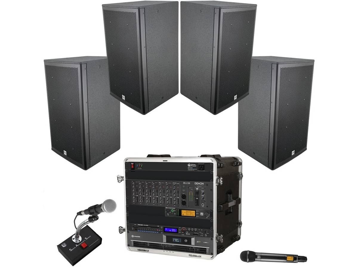Football Stadium Sound System with 4 Peavey Pole Mountable Loudspeakers, Bluetooth Mixer and Wireless Microphone