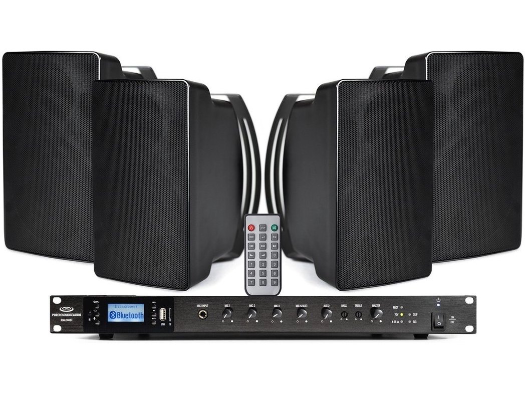 Fitness Sound System with 4 Pure Resonance Audio S5 Indoor/Outdoor Surface Mount Speakers and RMA240BT Rack Mount Bluetooth Mixer Amplifier