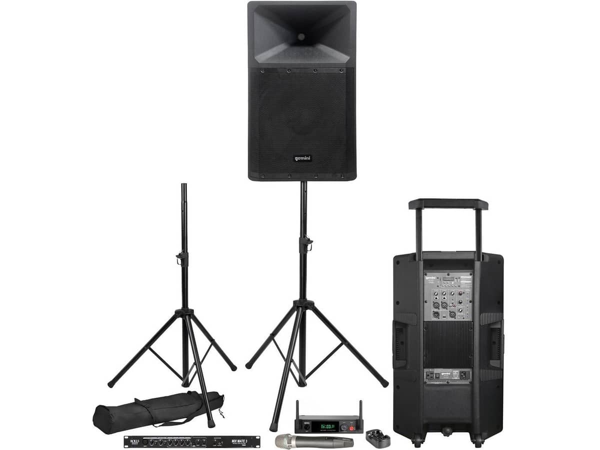 Portable Gym Sound System with 2 Gemini GSP-2200 Powered Bluetooth Speakers, Mixer and Wireless Handheld Microphone
