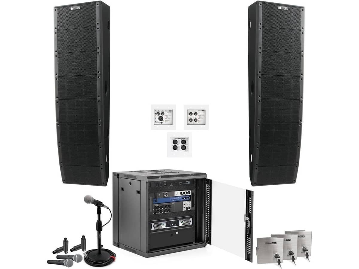 Gym Sound System with TOA Line Array Speakers, Digital Mixer with Wi-Fi and Remote In-Wall Bluetooth Mixer and Input Wall Plate
