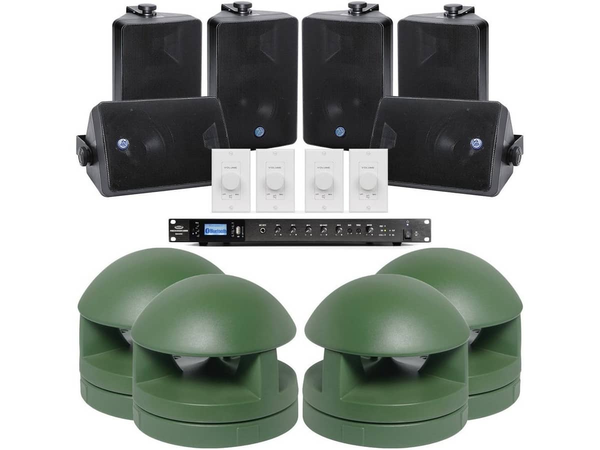 Outdoor Commercial Sound System with 8 In-Ground Speakers and 6 Weather-Proof Surface Mount Speakers