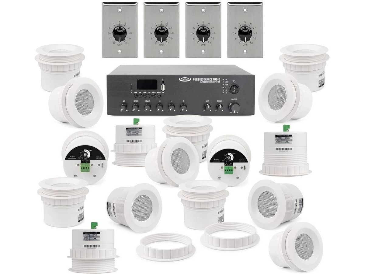 Restaurant Sound System with 16 C3 Ceiling Speakers, MA120BT Bluetooth Mixer Amplifier and 4 Volume Controls