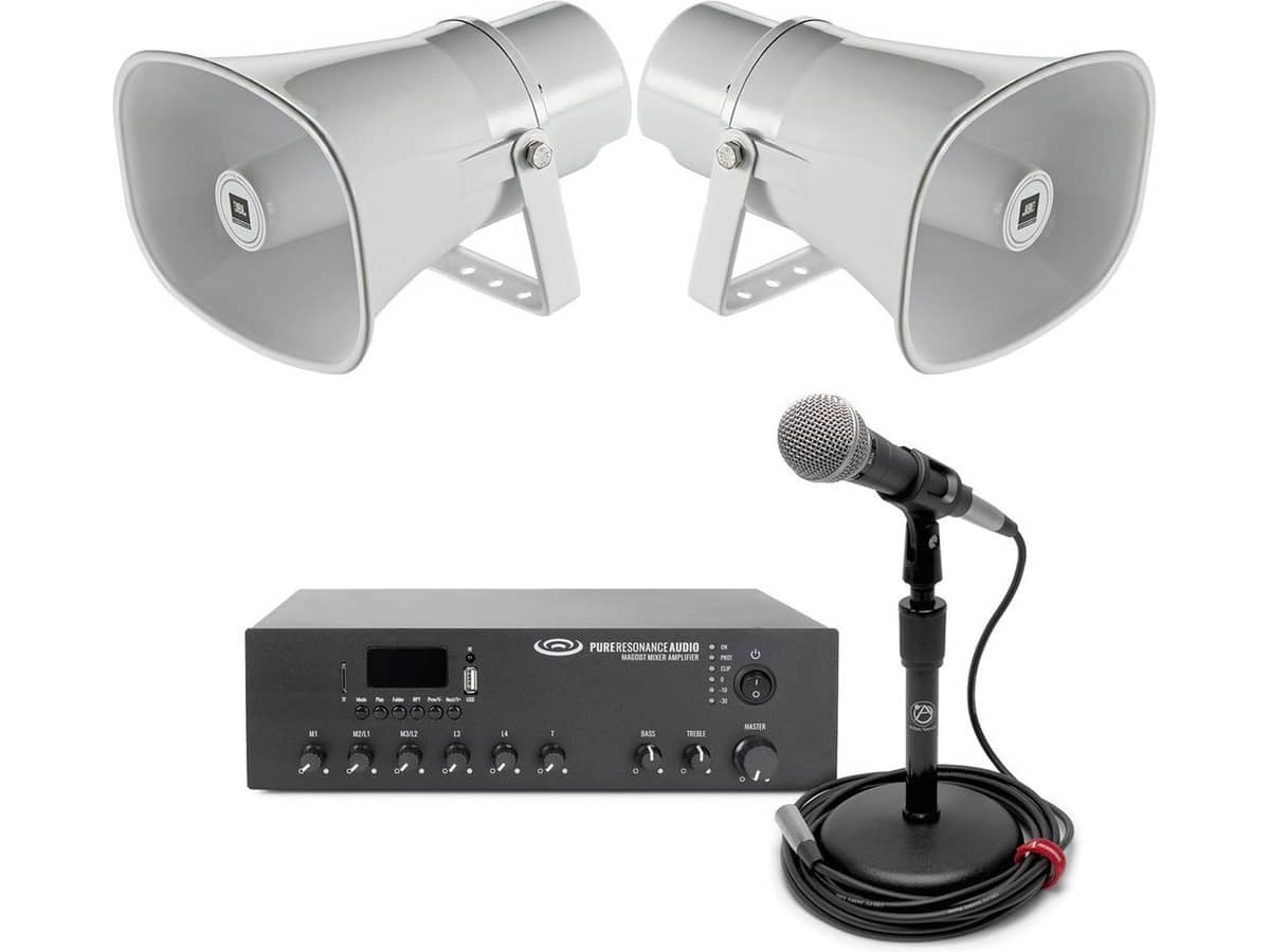 Small Outdoor Restaurant Paging System with 2 JBL CSS-H15 Paging Horns, Bluetooth Mixer Amplifier and Paging Microphone