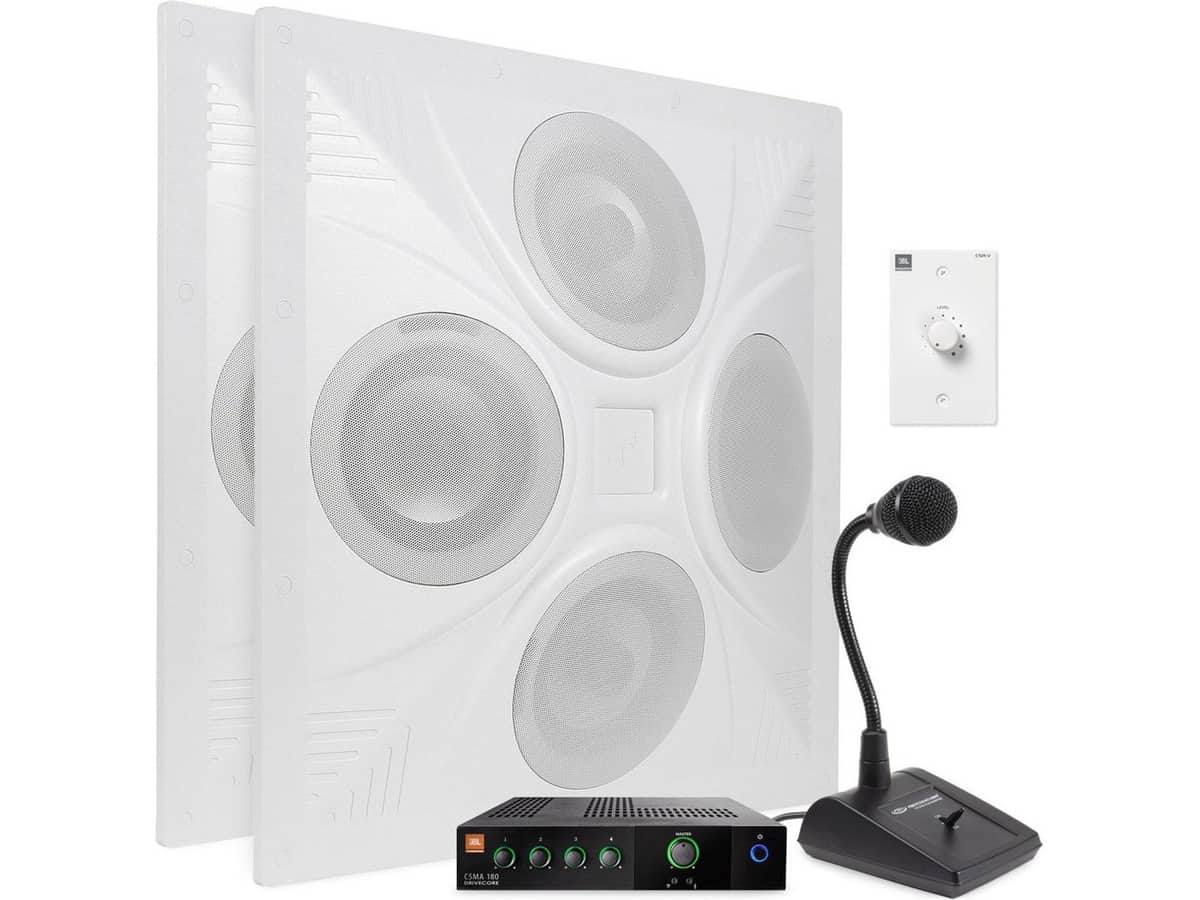 Restaurant Sound System with 2 Ceiling Speakers JBL Mixer Amplifier and Paging Microphone
