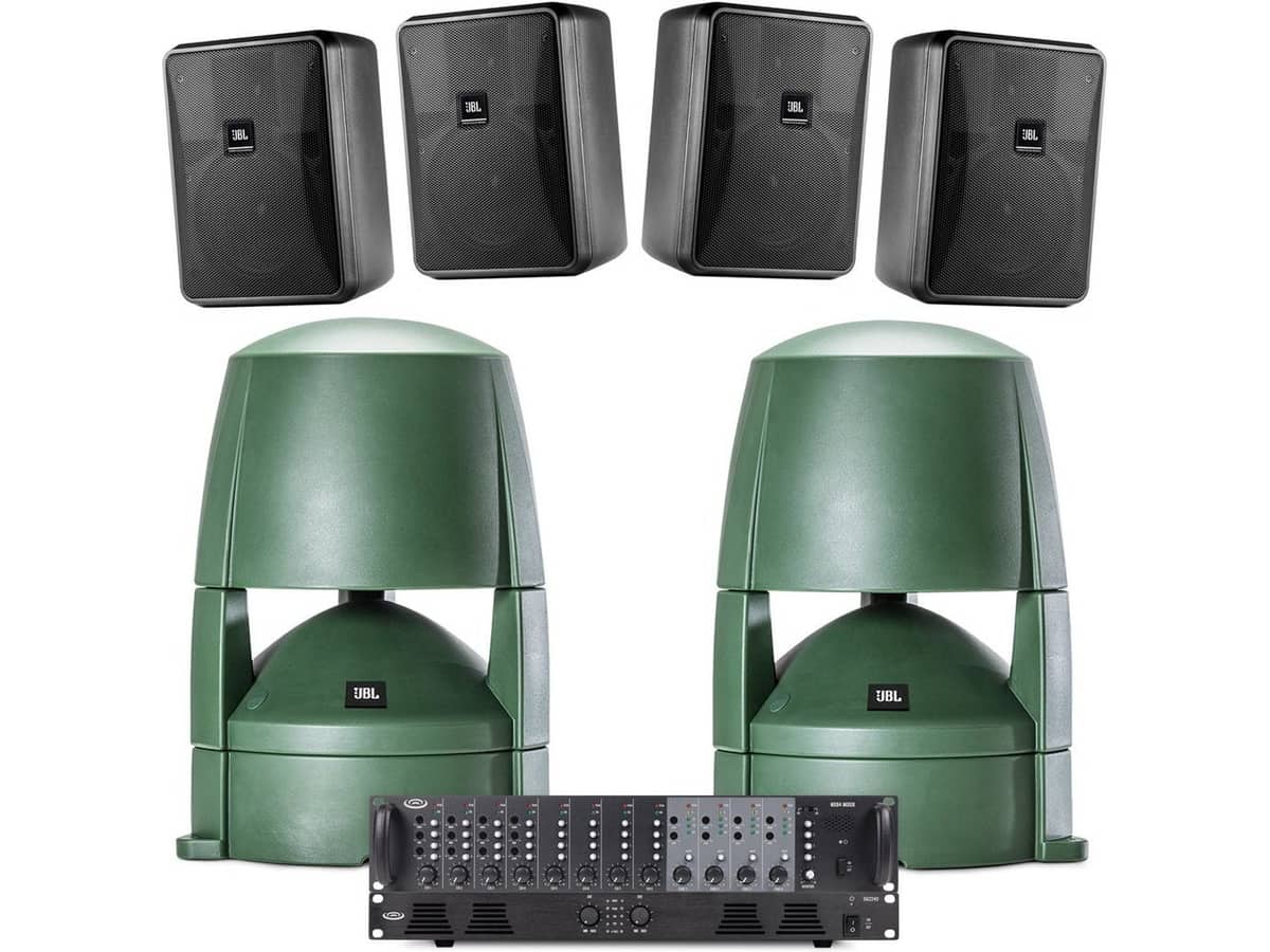 Restaurant Sound System with 4 JBL Control 25-1 Wall Mount Indoor Outdoor Speakers, 2 Landscape Garden Speakers and 2-Zone Bluetooth Mixer Amplifier