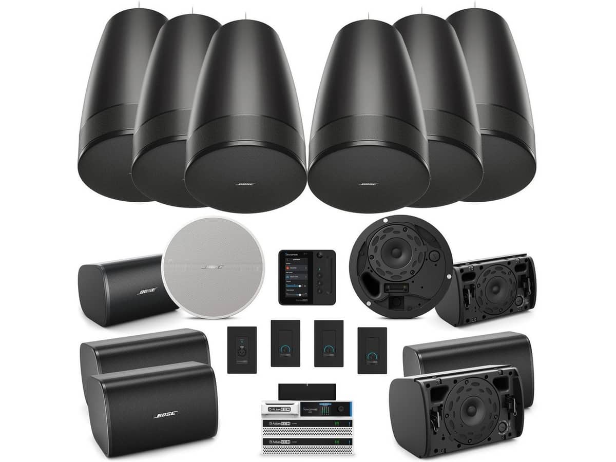 Bose 4-Zone Restaurant Sound System with 6 DesignMax Pendant Speakers, 2 Ceiling Speakers, 6 Outdoor Speakers, Power Amplifiers, Zone Processor, Wall Control Panel, Remote XLR Input, Volume Controls, and Wifi Streaming