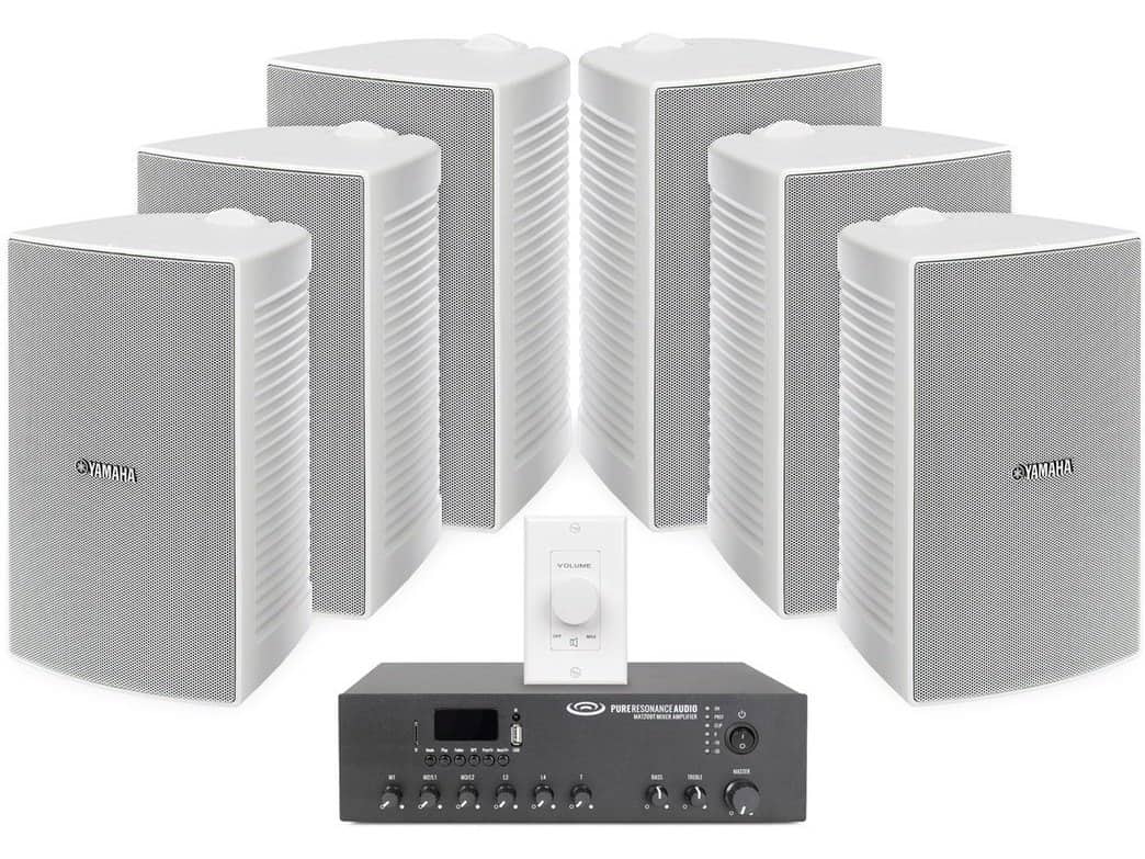 Restaurant Sound System with 6 Yamaha VS6W 6.5" Surface Mount Speakers, 120W Mixer Amplifier and Volume Control