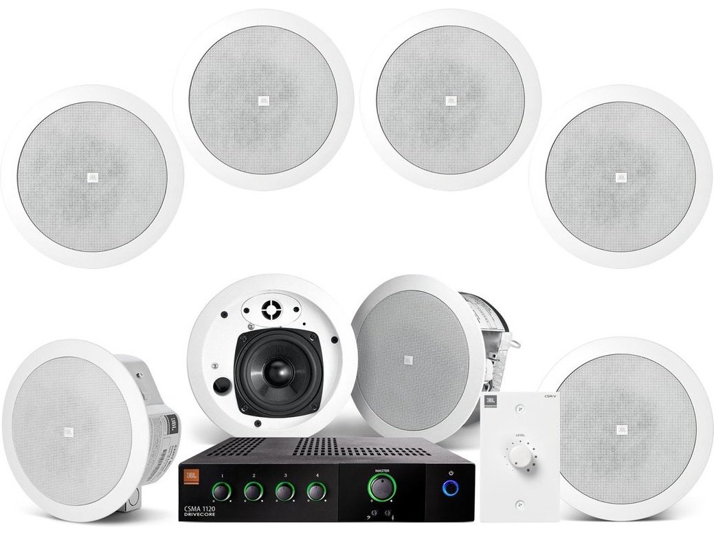 Restaurant Sound System with 8 JBL Control 24CT Micro In-Ceiling Loudspeakers and Mixer Amplifier