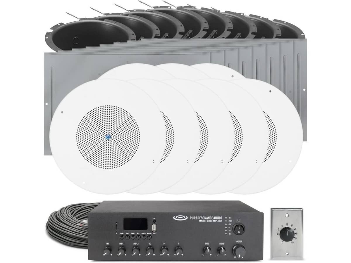 Restaurant Sound System with 8 Atlas SD72W 70V Ceiling Speaker Kits, Bluetooth Mixer Amplifier, and Volume Control
