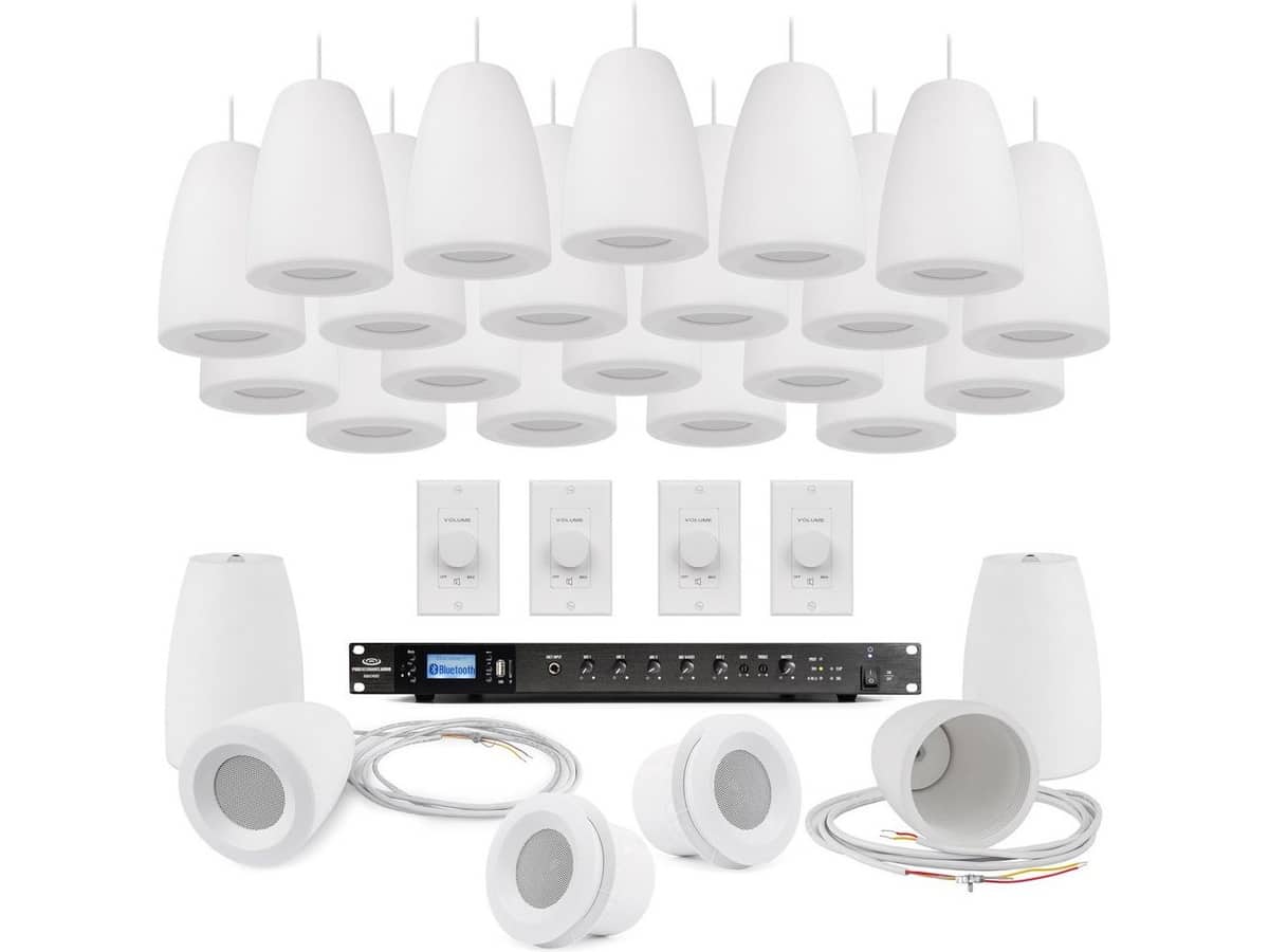 Retail Store Sound System with 24 Pendant Speakers, 240W Rack Mount Bluetooth Mixer Amplifier and Volume Controls