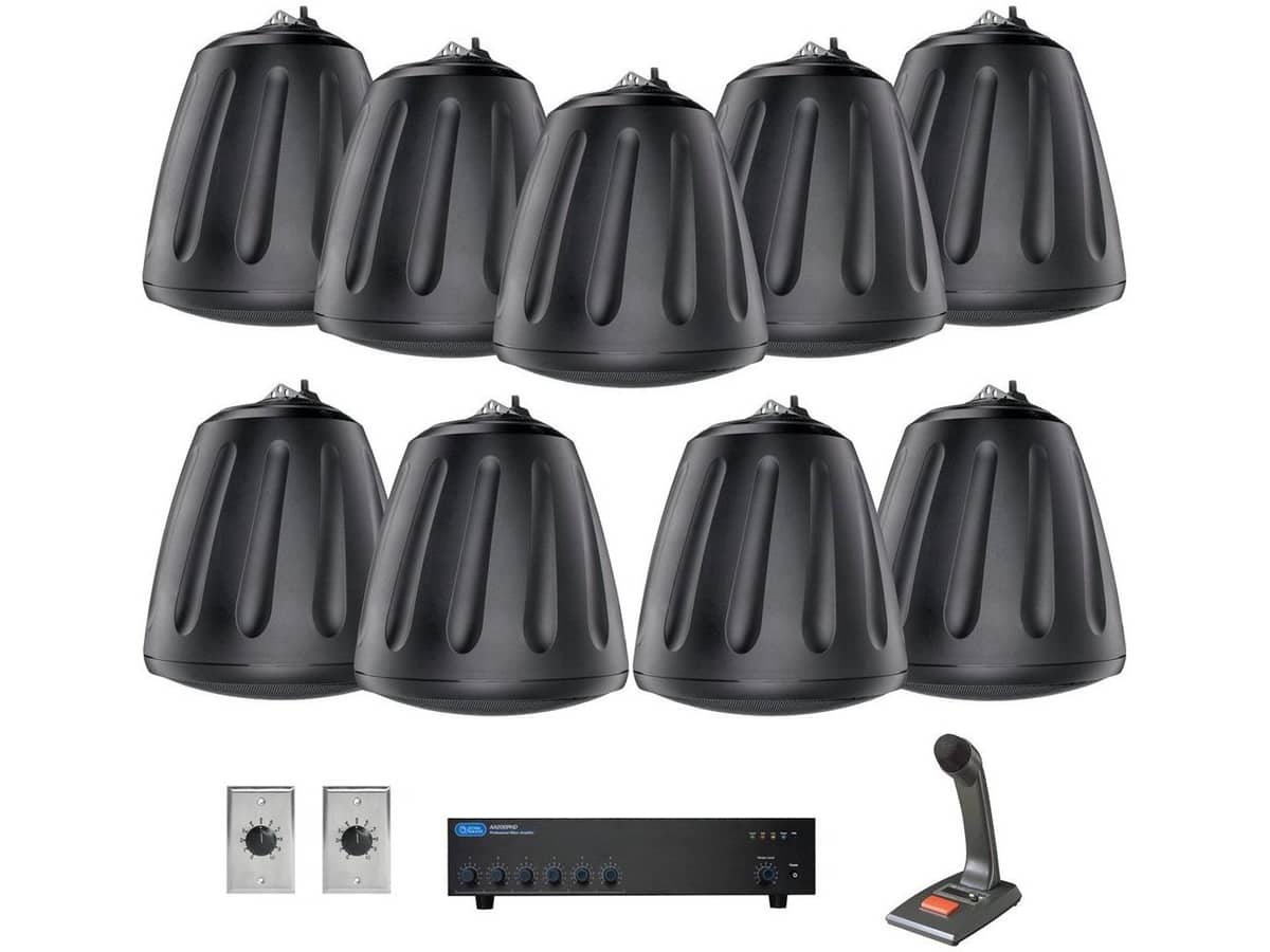 Open Ceiling Department Store 2-Zone Indoor Outdoor Sound System with 9 Pendant Speakers and Push-to-Talk Paging Microphone