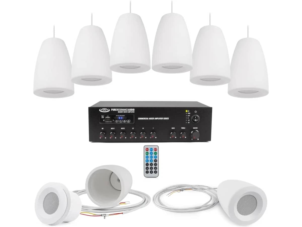 Retail Store Sound System with 8 Pendant Speakers and 60W Bluetooth Mixer Amplifier