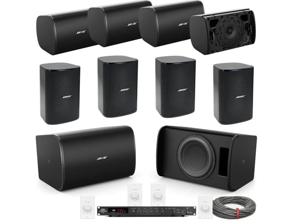 Retail Store Sound System with 8 Bose Professional DesignMax Surface Mount Speakers, 2 Subwoofers, 500W Bluetooth Mixer Amplifier and Volume Controls