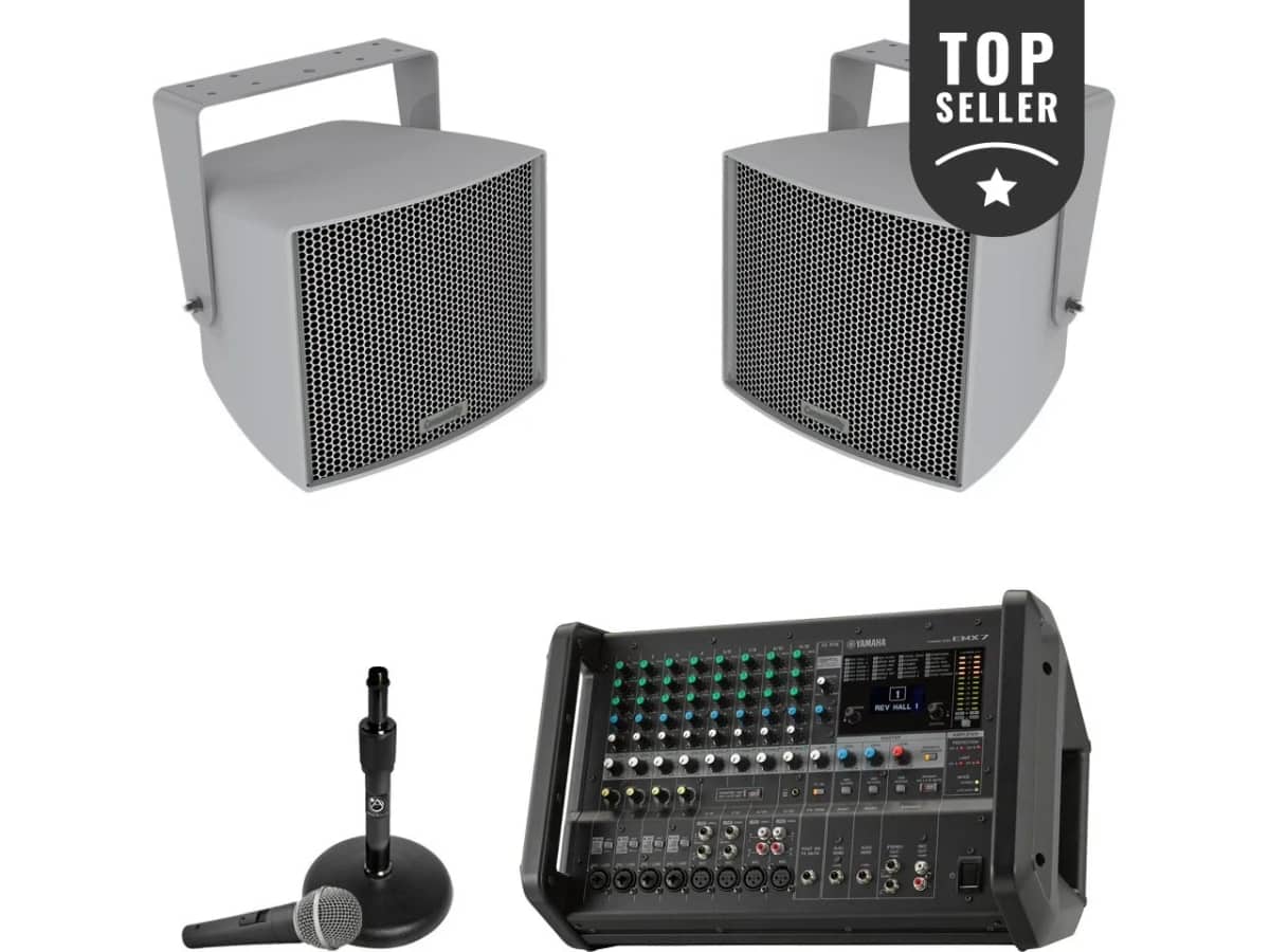 Baseball Field Sound System with 2 Community Outdoor PA Speakers and Yamaha Powered Mixer with Feedback Suppressor