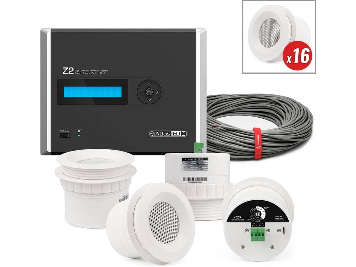 Sound Masking System for Private Office Spaces with 16 Easy-Mounting Micro Ceiling Speakers and Z Series Controller for up to 2500SF with Bluetooth