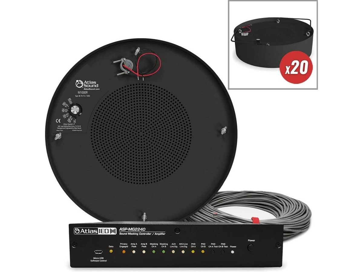 Sound Masking System with AtlasIED Pendant Mount Speakers and White Noise Generator for up to 7000SF