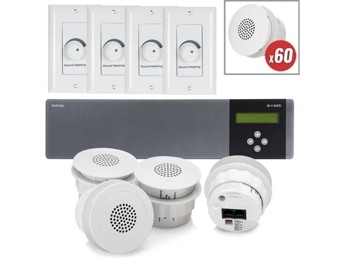 Sound Masking System with 60 Cambridge Ceiling Qt Emitters and Qt X 600D 6-Zone White Noise Generator with Dante for up to 6000SF