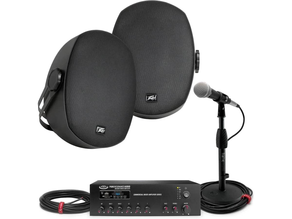 Athletic Field Sound System with 2 Weather Resistant Outdoor Speakers and 120W Bluetooth Mixer Amplifier