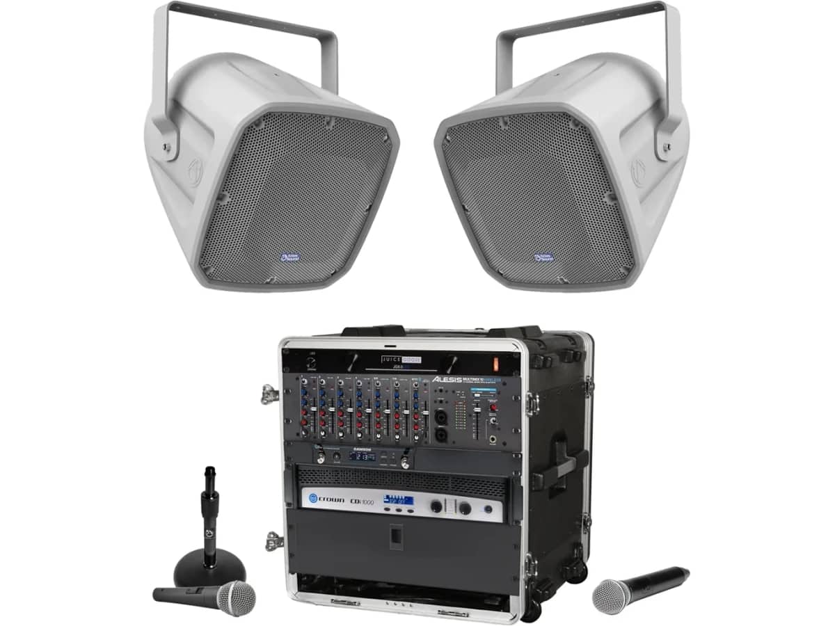 Stadium Sound System with 2 Atlas Stadium Speakers, Wireless Bluetooth Mixer and Microphones