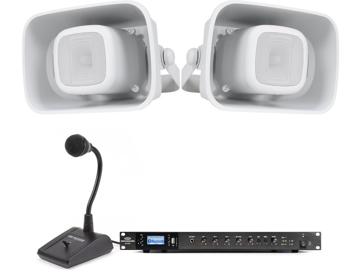 Outdoor Stadium Sound System with 2 H6 6.5" All-Weather Horn Speakers, RMA240BT 240W Rack Mount Bluetooth Mixer Amplifier and PTT1 Paging Microphone