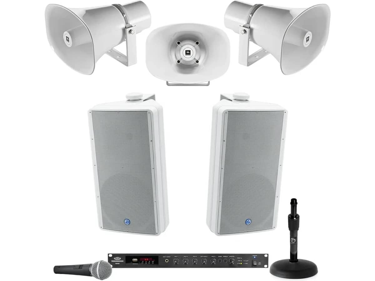 Outdoor Stadium Speaker System with 3 JBL Stadium Horn Speakers, 2 Surface Mount Speakers and Bluetooth Mixer Amplifier