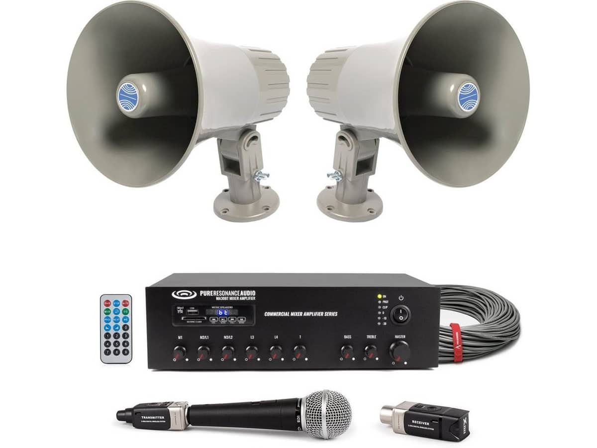 Warehouse Sound System with 2 AtlasIED GA-15T Horns, 30W Bluetooth Mixer Amplifier and Mic with U3 Digital Wireless Plug-On System