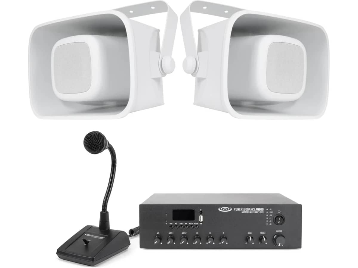 Warehouse Paging System with 2 H6 6.5" All-Weather Horn Speakers, MA120BT 120W Bluetooth Mixer Amplifier and PTT1 Paging Microphone
